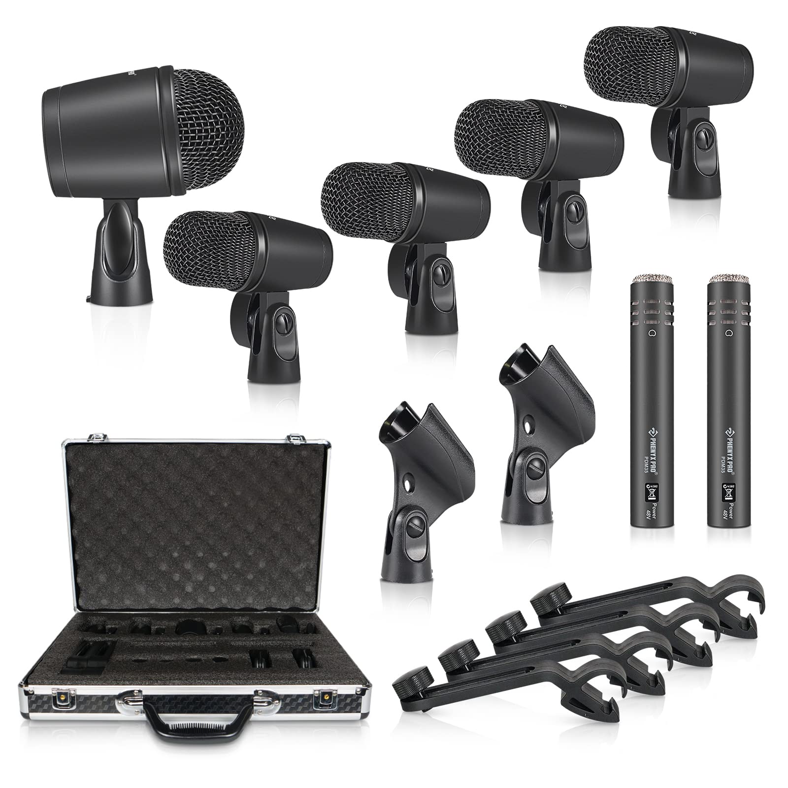 Photo 1 of Phenyx Pro Drum Microphone Kit, 7-Piece Full Metal Wired Dynamic Mic Set for Bass/Tom/Snare/Hi-hat Cymbals, with Carrying Case, Holders, and Threaded Clips (PTD-10)