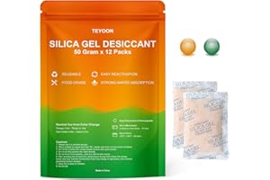 TEYOON 50 Gram 12 Packs Silica Gel Packets Food Grade Microwave Fast Reactivate Moisture Absorbers with Color Indicating, Premium Desiccant Packs for Food Spices Electronics Closet Jewelry Storage Tool Box