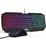 FIODIO Wired Gaming Keyboard and Mouse Combo, Rainbow Backlit Ergonomic Keyboards with 104 Multimedia Keys Wrist Rest, 1600 D