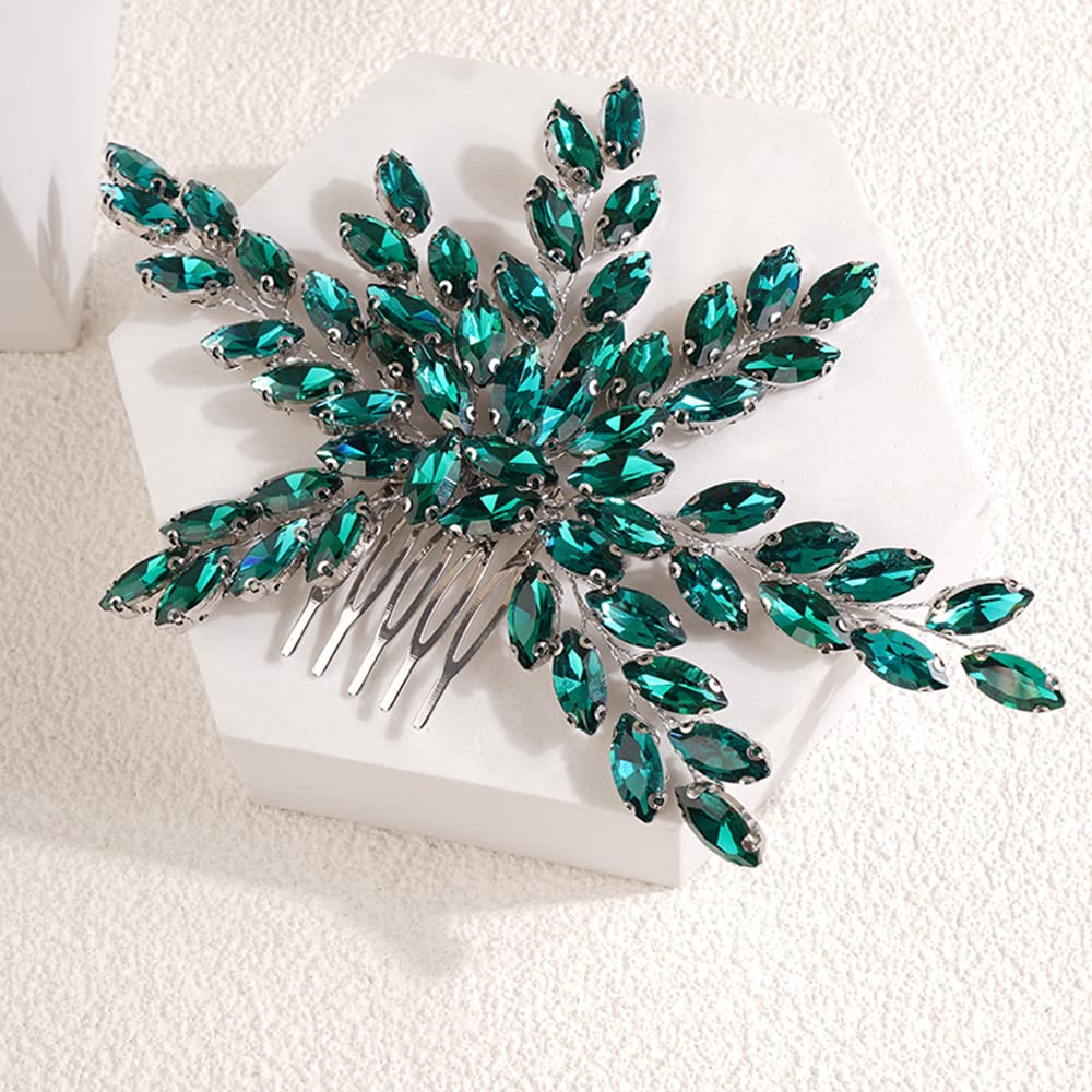 BERYUAN Green Rhinestone Hair Comb for Bride, 15*10CM, Multi-Color (Green)
