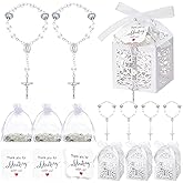 Landical 100 Pieces Baptism Favors Set Includes 25 Mini Rosary 25 Laser Cut Baptism Favor Boxes 25 White Organza Bags and 25 Thank You Tags for Boys Girls Baby Shower Party Wedding Baptism Decorations