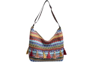 Sweetemman Bohemian Beach Bag - Cotton Linen Tote with Fringe,Casual Vacation Purse Lightweight & Spacious