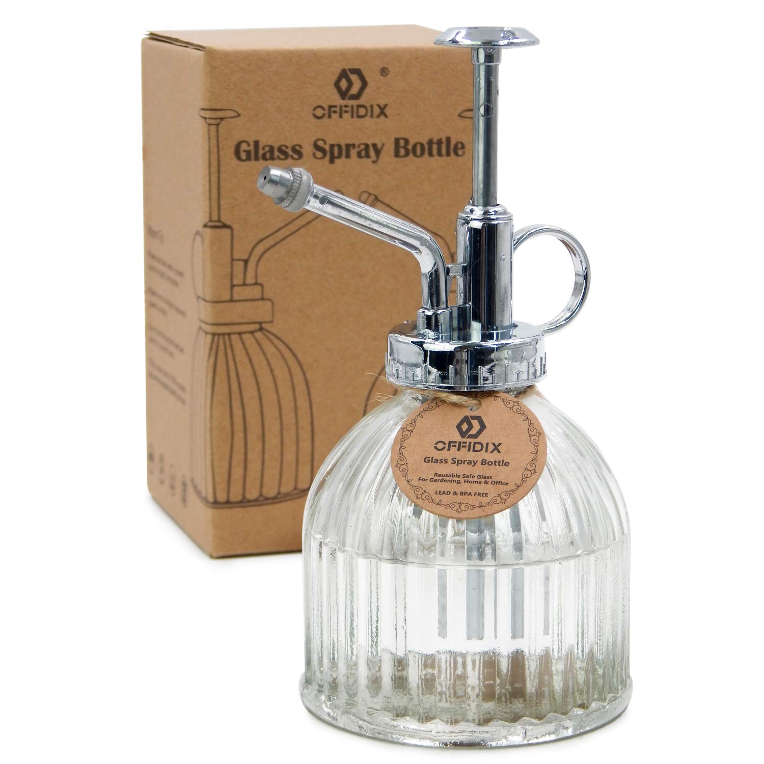OFFIDIX Transparent Glass Watering Spray Bottle, 6.3inch Tall Vintage Style Spritzer with Bronze Plastic Top Pump One Hand Watering Can