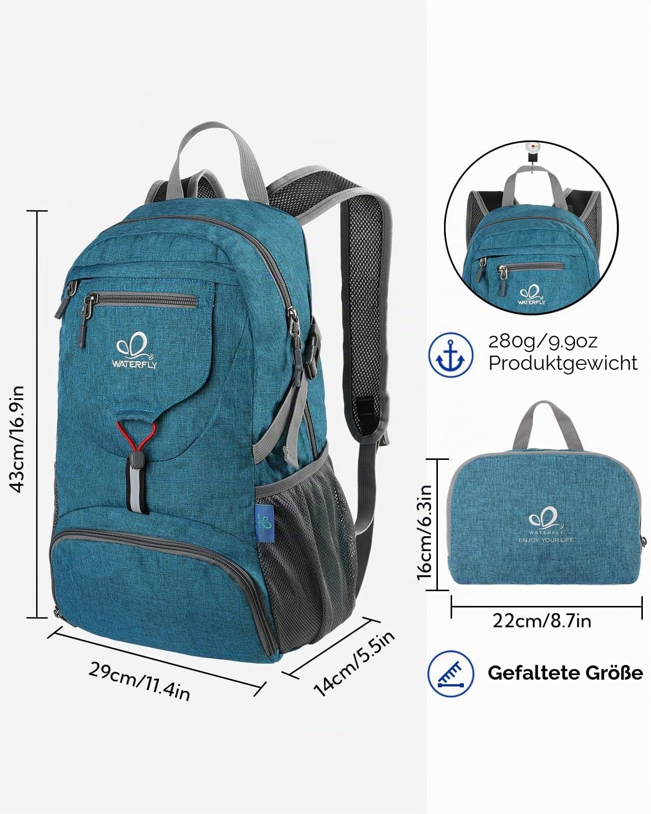 WATERFLY Ultraleicht Faltbarer Rucksack 20L: Klein Wanderrucksack 2