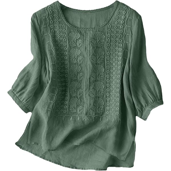 FAVIPT Linen Shirts For Women 3/4 Lace Length Sleeve Blouses Vintage Embroidered Boho Gauze Tops V Neck Patchwork Bandage Tunic Tees Summer 2025 White,L-703103