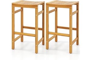 HAPPYGRILL 2-Pack Acacia Wood Outdoor Bar Stools, Rustic Style, Ergonomic Seat & Comfortable Footrest, 30-Inch Bar Height, Pa