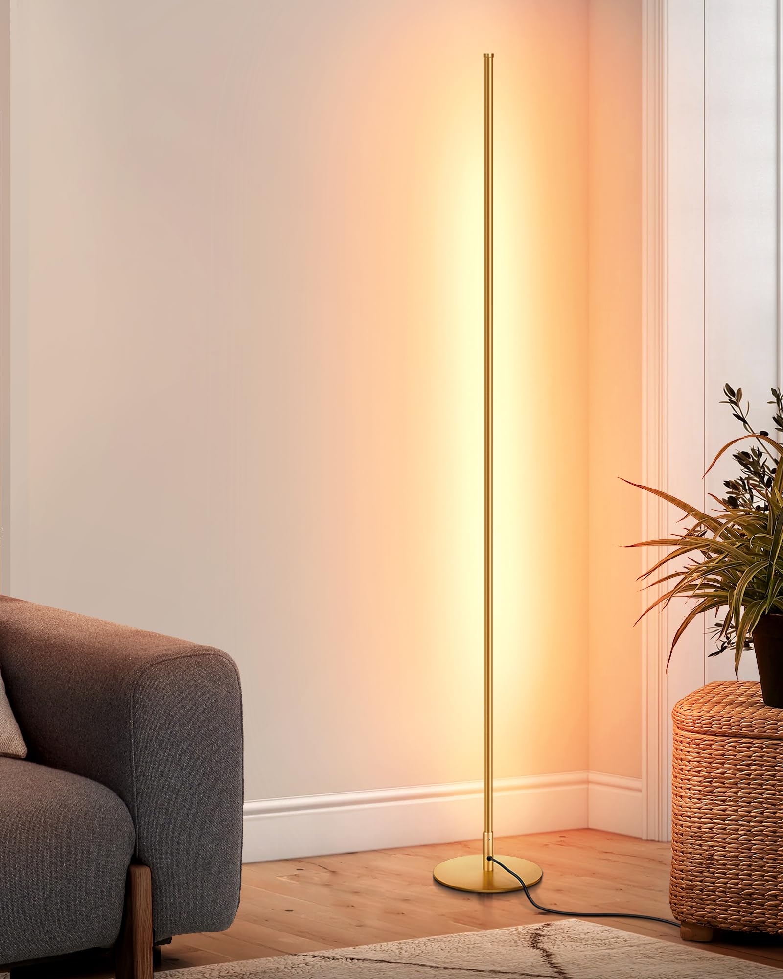 Photo 1 of DEWENWILS Floor lamp, 1100Lumen Modern Dimmable Corner Floor Lamp with 3000K Warm Light & Foot Switch, 57.5" Tall Standing Lamp for Living Room, Bedroom, Gold