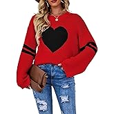 Kaei&Shi Women Cute Heart Sweater,Pattern Pullover Sweaters Sweatshirt,Striped Sleeve Loose Fit Valentines Top Clothes