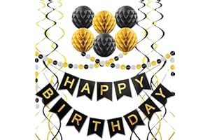 FQZYLCH Black Birthday Decorations, Black and Gold Happy Birthday Banner, Happy Birthday Decorations for Men, Women, Boys and Girls