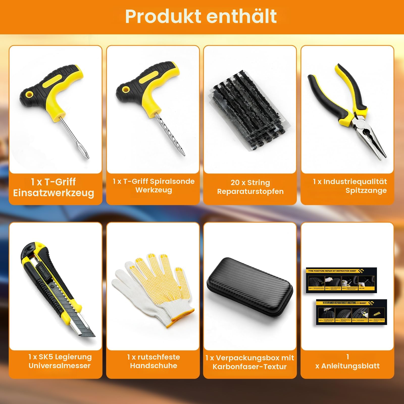 Reparaturset für platte Reifen, Pannenstopfen und Flickset mit Dichtmittel 2