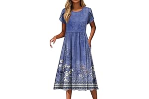 ZCJBWWHF Womens Summer Fashion Dresses Round Neck Flutter Short Sleeve Midi Dress Boho Floral Printed Party Dresses