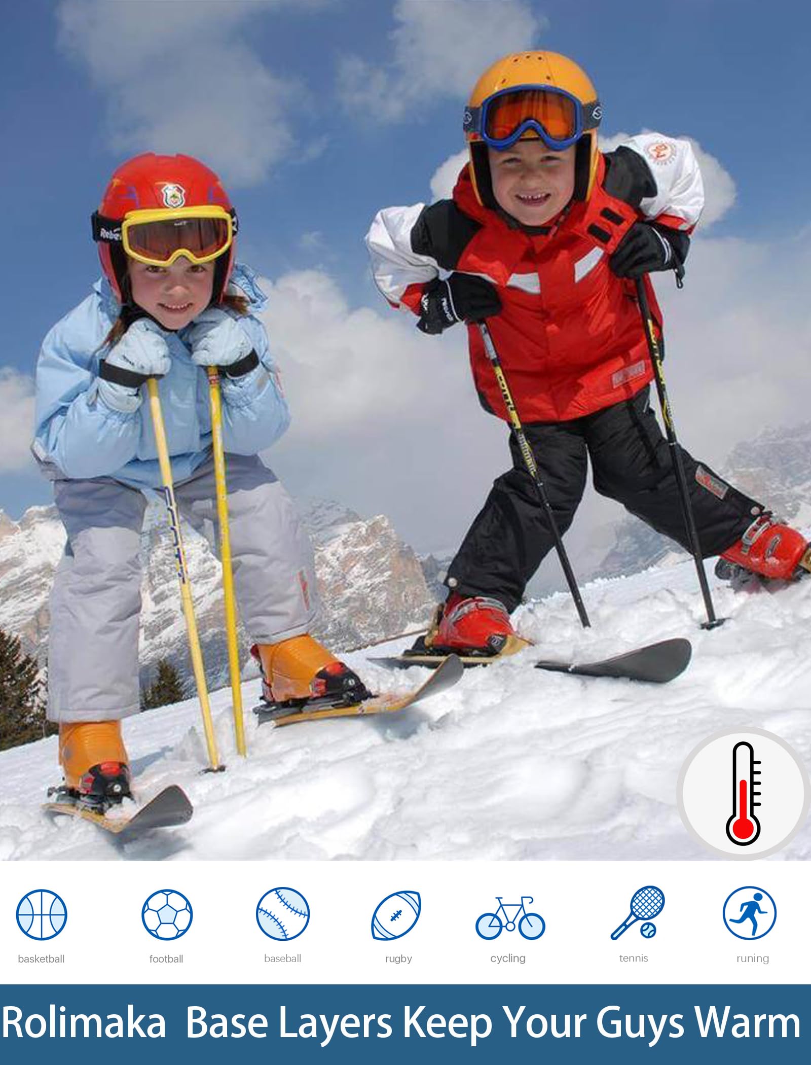 Rolimaka 2 Set Youth Boys' Thermal Underwear Set Fleece Lined Compression Shirt Leggings Pants Kids Base Layer Cold Weather