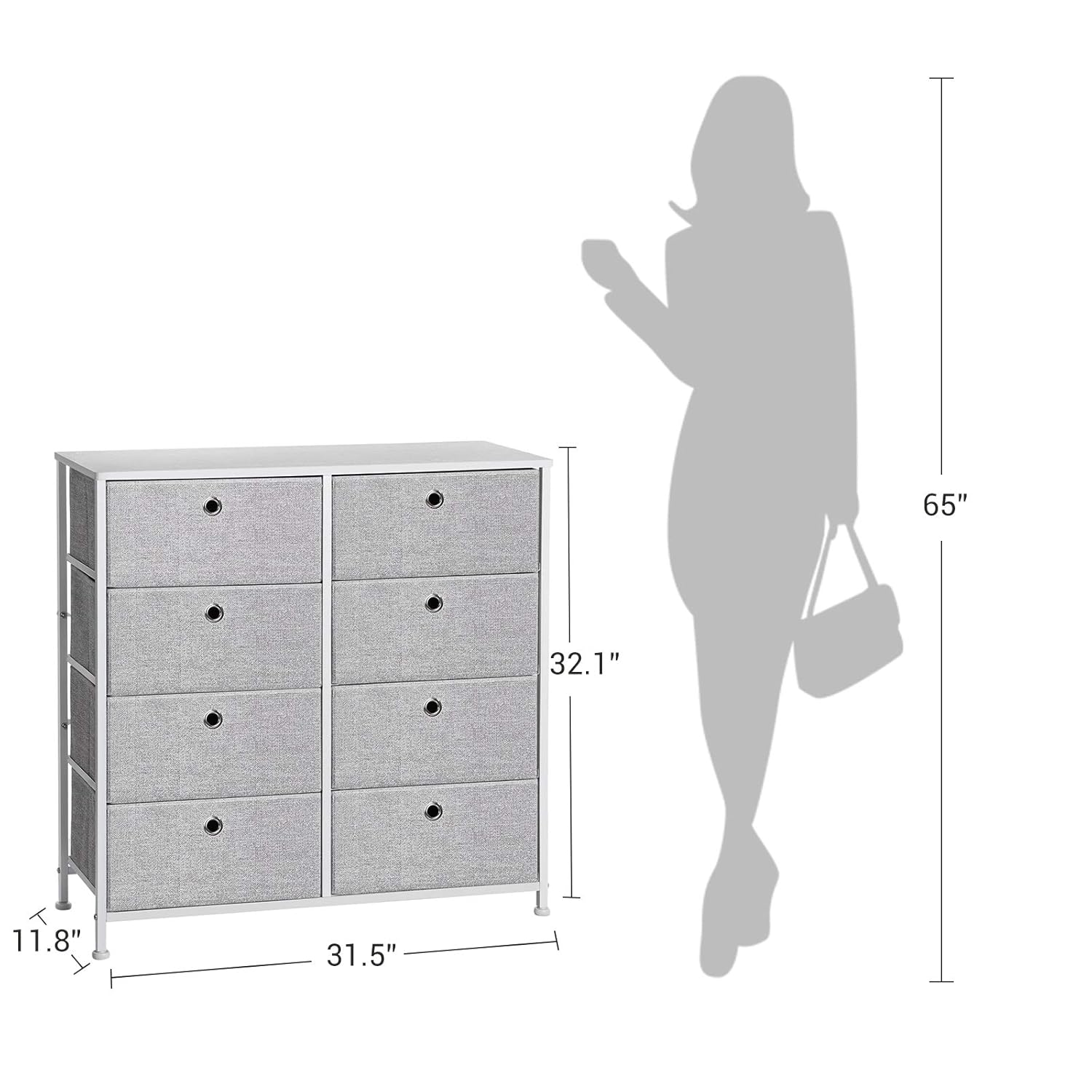 SONGMICS 4-Tier Storage Dresser with 8 Easy Pull Fabric Drawers and Wooden Tabletop for Closets, Nursery, Dorm Room, Light Gray and White ULTS24W -