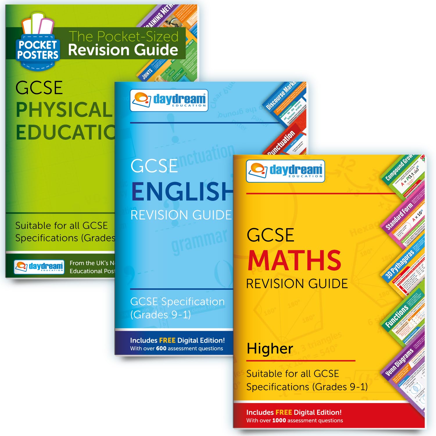 Daydream Education GCSE English, Maths (Higher) & PE Study Pack, The Pocket-Sized Revision Guides, FREE Digital Editions with Over 2, 600 Assessment Questions! - for 2026-2027 exams (Pack of 3)
