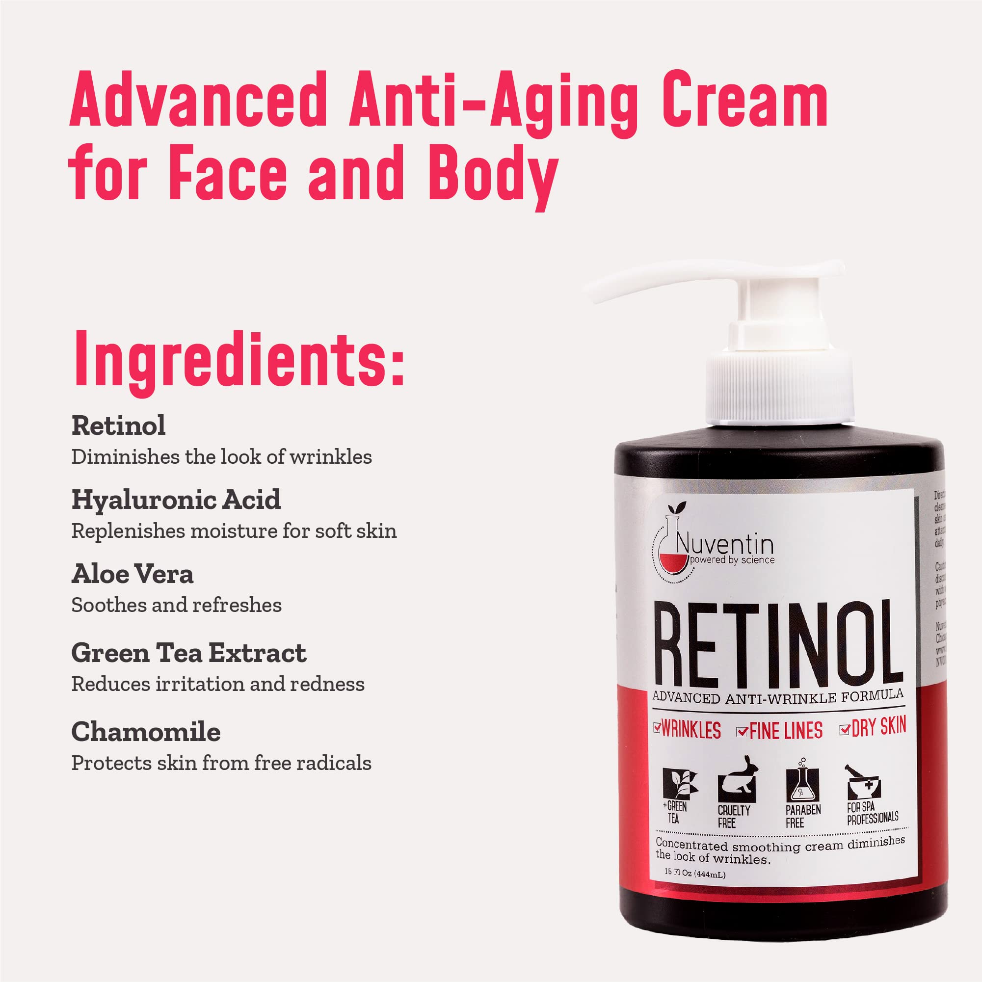 Nuventin Retinol Cream Face & Body Moisturizer Lotion W/Hyaluronic Acid & Green Tea, Anti-Aging Skin Care Body & Face Lotion For Wrinkles, Fine Lines, Sagging Skin, & Dry Skin, 15 Fl Oz