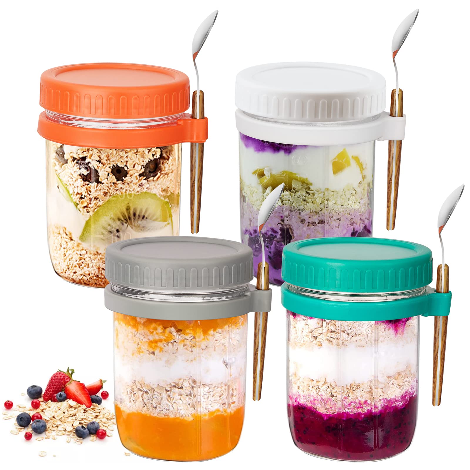 Reusable Overnight Oats Jars with Lid and Spoon Set of 4, 10 oz Large Capacity Airtight Oatmeal Container with Measurement Marks, Wide Mouth Mason Jars On The Go Cups for Salads Yogurt Cereal Milk