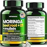 Moringa Capsules, Beet Root, Mullein Leaf - Energy, Skin, Immune Supplement Superfood, Rich in Antioxidants, Minerals & Essential Vitamins - High Absorption Non-GMO - Made in USA - 60ct
