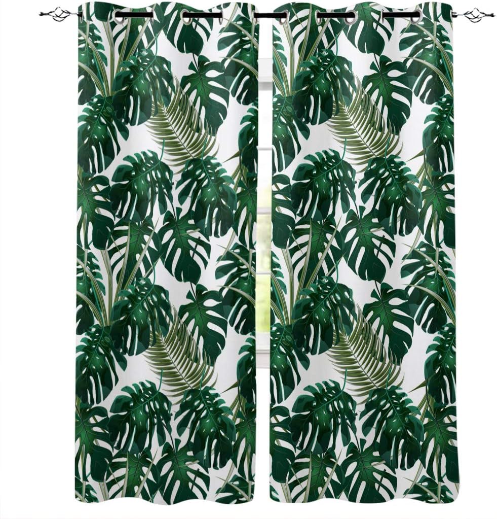 Curtains 39 inch Length for Living Room Bedroom, Blackout Room Darkening Thick Tropical Leaves Monstera Window Curtain Thermal Insulated with Grommet Drapes, 2 Panels