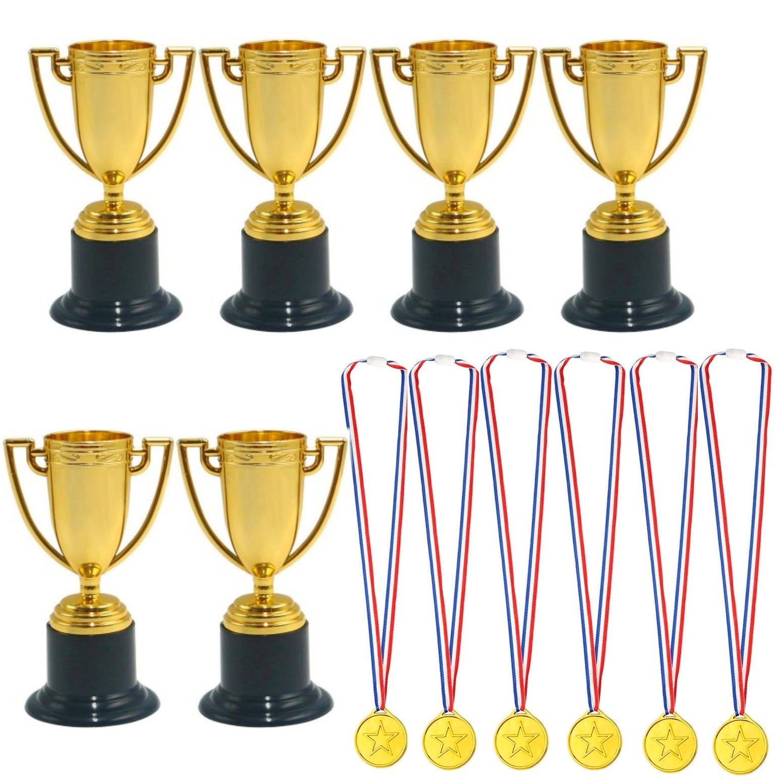 JZK 6 X Plastic trophy and medals awards winner set, mini plastic trophy cups for kid party sports awards party bag fillers for football baseball basketball rugby game prizes
