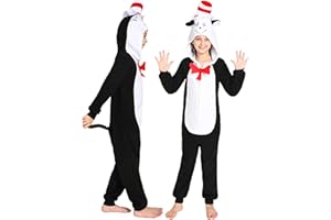 Rabtero Kids Cat in The Hat Costume, Girls Book Character Costume, Boys Dr Seuss Costume, Children Animal Onesie Novelty One-Piece Pajamas, Halloween Christmas Cosplay Costume for Kids 8-10