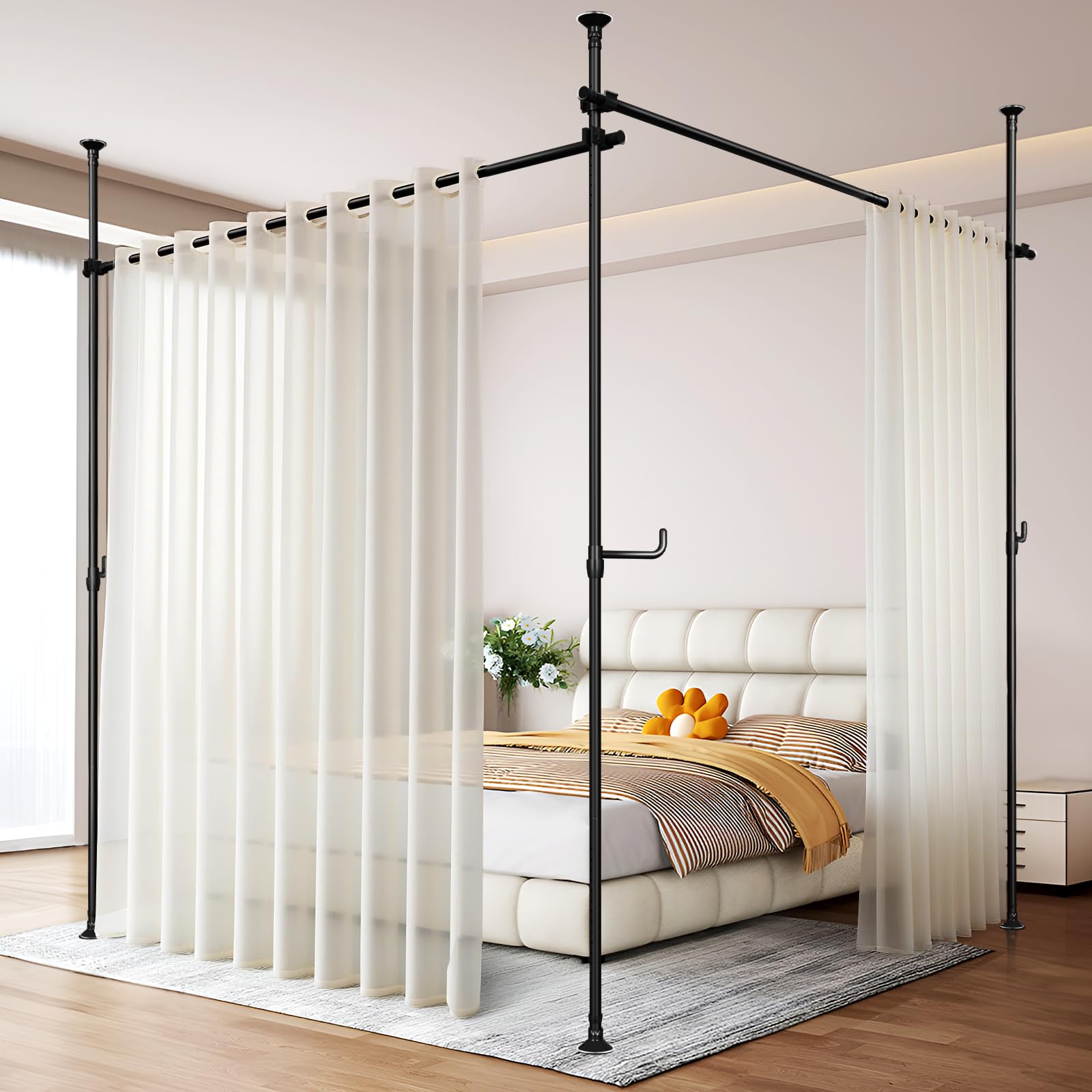 Photo 1 of Seamless Room Divider Curtain Rod - No Drilling Space Partition Adjustable Privacy Separator, 4-10ft(H) 28-161inch(W) Adjustable, Heavy Duty Freestanding Tension Curtain Stand, Black