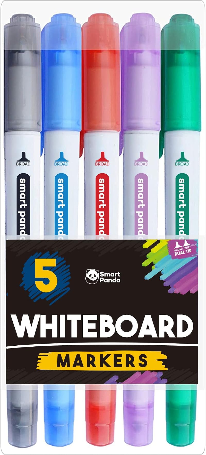 Smart Panda 5 Whiteboard Markers Dual Tip Medium Fine Pastel Set