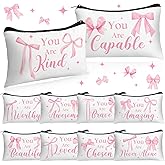 Hillban 10 Pcs Inspirational Makeup Bag Gift for Women International Women's Day Gifts Administrative Professionals Day Christian Bible Verse Cosmetic Bags for Church Mothers Gift(Bow,Pink)