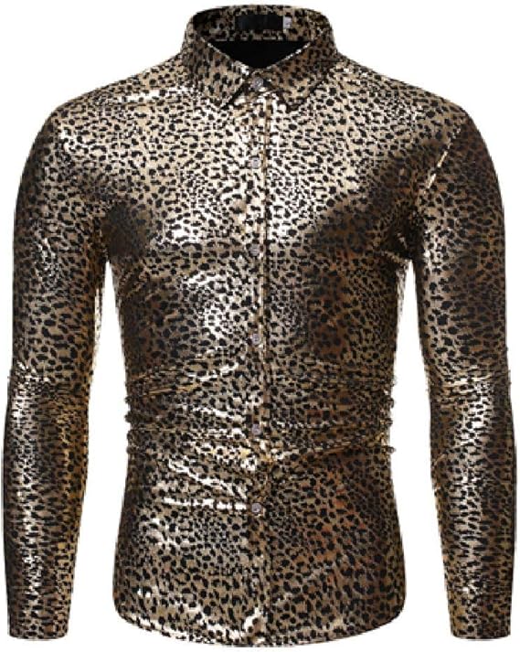 Men's Leopard Print Shirt Sexy Slim Fit Long Sleeve Mens