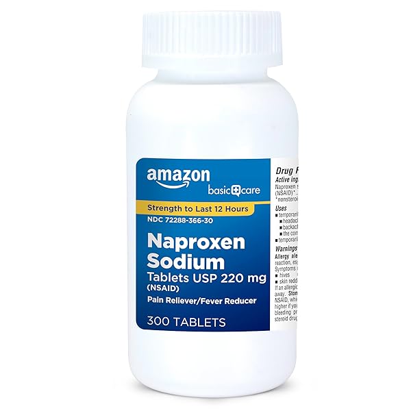 AMAZON BASIC CARE NAPROXEN SODIUM TABLETS 220 MG, PAIN RELIEVER/FEVER REDUCER (NSAID), MUSCULAR ACHES, BACKACHE, HEADACHE, TOOTHACHE, MINOR ARTHRITIS PAIN RELIEF & MORE, 300 COUNT (PACKAGING MAY VARY)