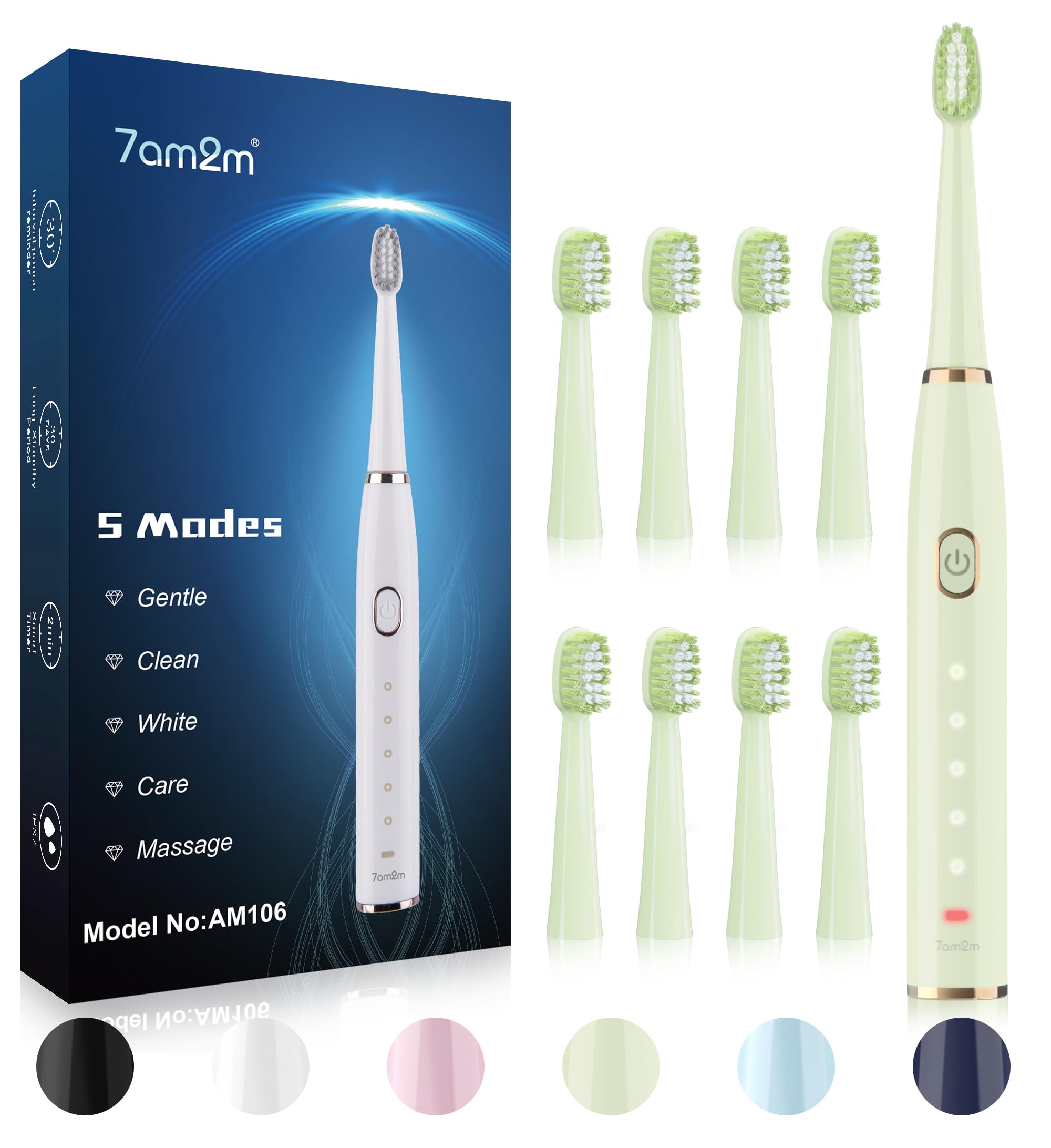 Photo 1 of 7AM2M Sonic Electric Toothbrush for Adults and Kids- High Power Rechargeable Toothbrushes with 8 Brush Heads,5 Adjustable Modes, Built-in 2-Minute Smart Timer,4 Hours Fast Charge for 75 Days(Green)