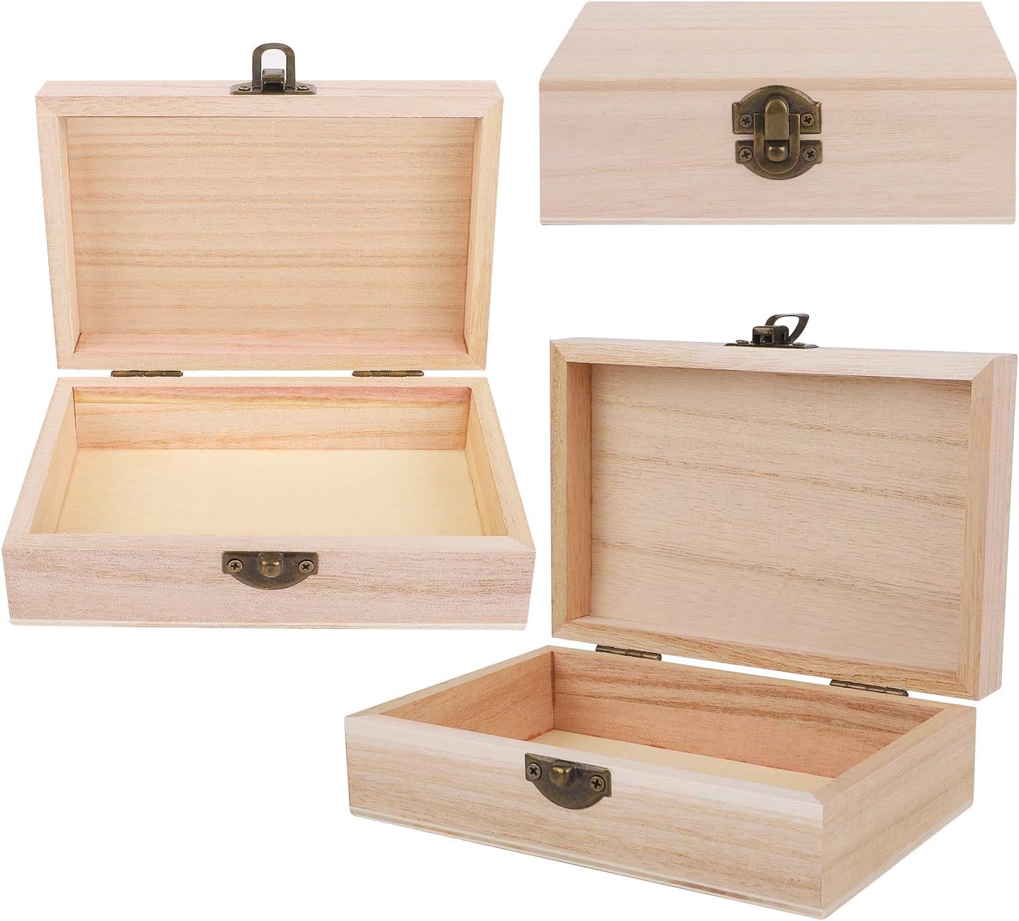 ADXCO 4 Pieces Unfinished Pine Wood Box with Hinged Lid Treasure Boxes with Locking Clasp Treasure Chest Decorate Wooden Boxes for DIY Crafting Gift Storage Box, 5.9 x 3.9 x 2 Inches
