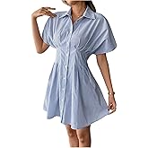 Milumia Women's Striped Button Front Mini Dress Collared Neck Short Sleeve Shirt Dresses