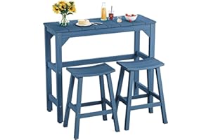 LAHAAP 3 Piece Outdoor Bar Set, 42" Rectangular Pub Height High Top Bar Table & 2 Outdoor Bar Stools for Patio, Garden, Poolside and Bistro, Weatherproof, Blue