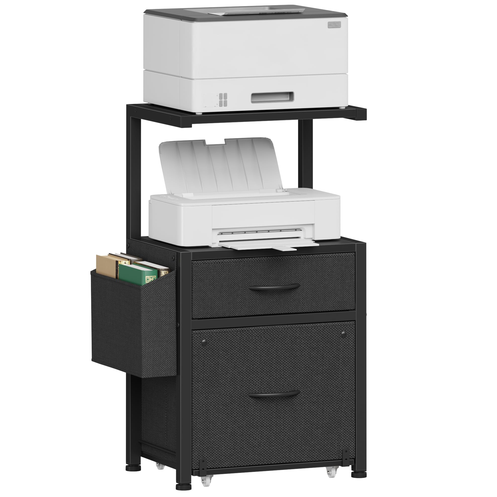 Photo 1 of HIGDBFE 2-Drawer File Cabinet, Filing Cabinet with 2-Tier Printer Shelves, Office Cabinets with Side Bag&File Drawer for A4/Letter Size, Printer Stand with Storage for Home Office, Black, 16.5" W