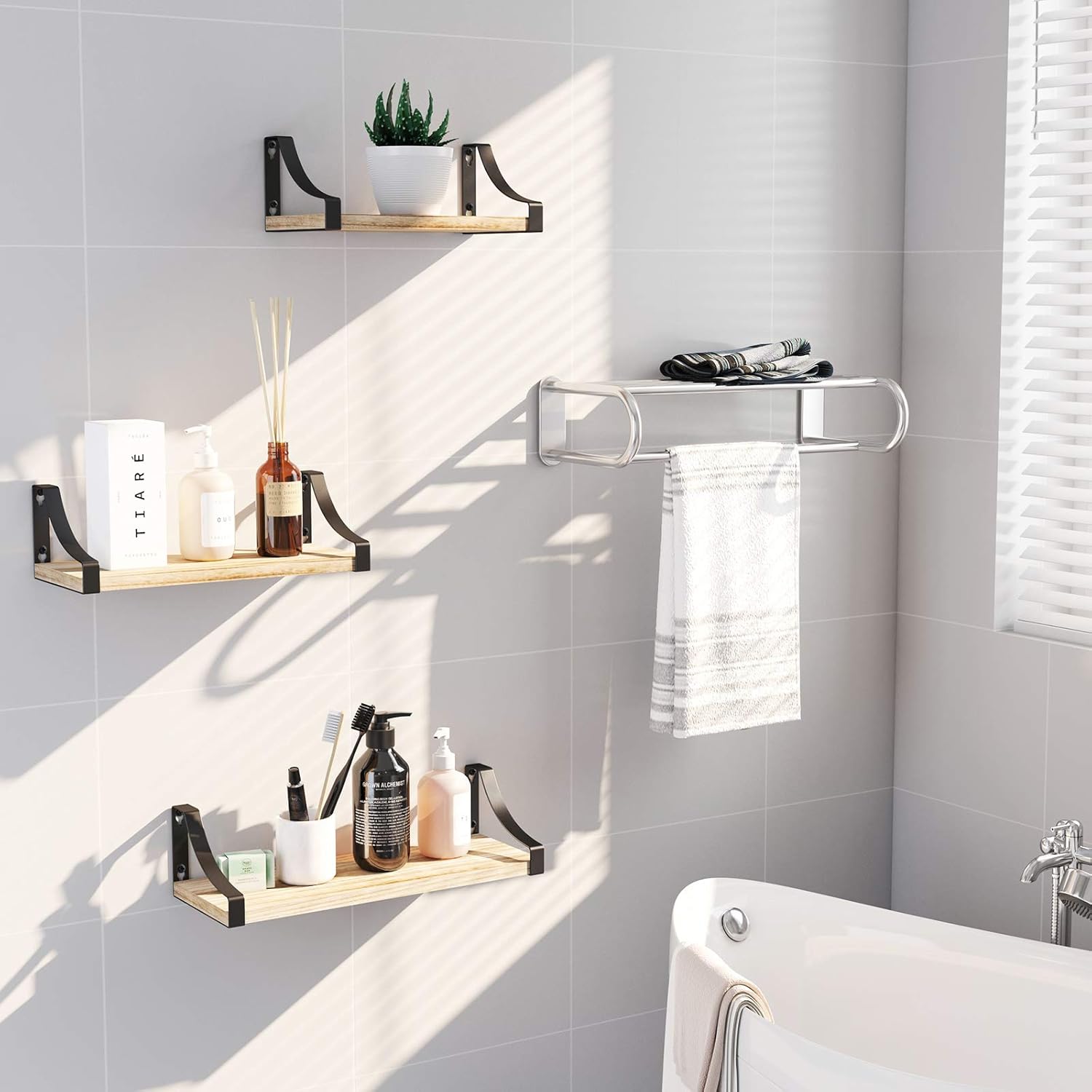 Pipishell Floating Shelves Wall Mounted Shelf, Paulownia Wood Wall Shelves, Wooden Shelves Set of 3 for Bedroom Bathroom - Image 4