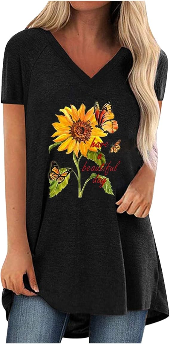 Sunflower Butterflies Tunic Shirt for Women with Faith Saying Short