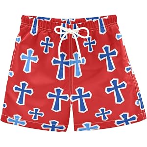 tplaotee Boys Swimsuits Ornate Light Blue Christian Cross Red Toddler Swimtrunks Quick Dry Kids Bathing Suits 5T -12 Years