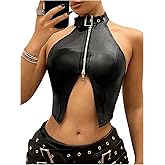 OYOANGLE Women's PU Leather Buckle Zipper Front Halter Tank Tops Y2k Backless Asymmetrical Hem Crop Top