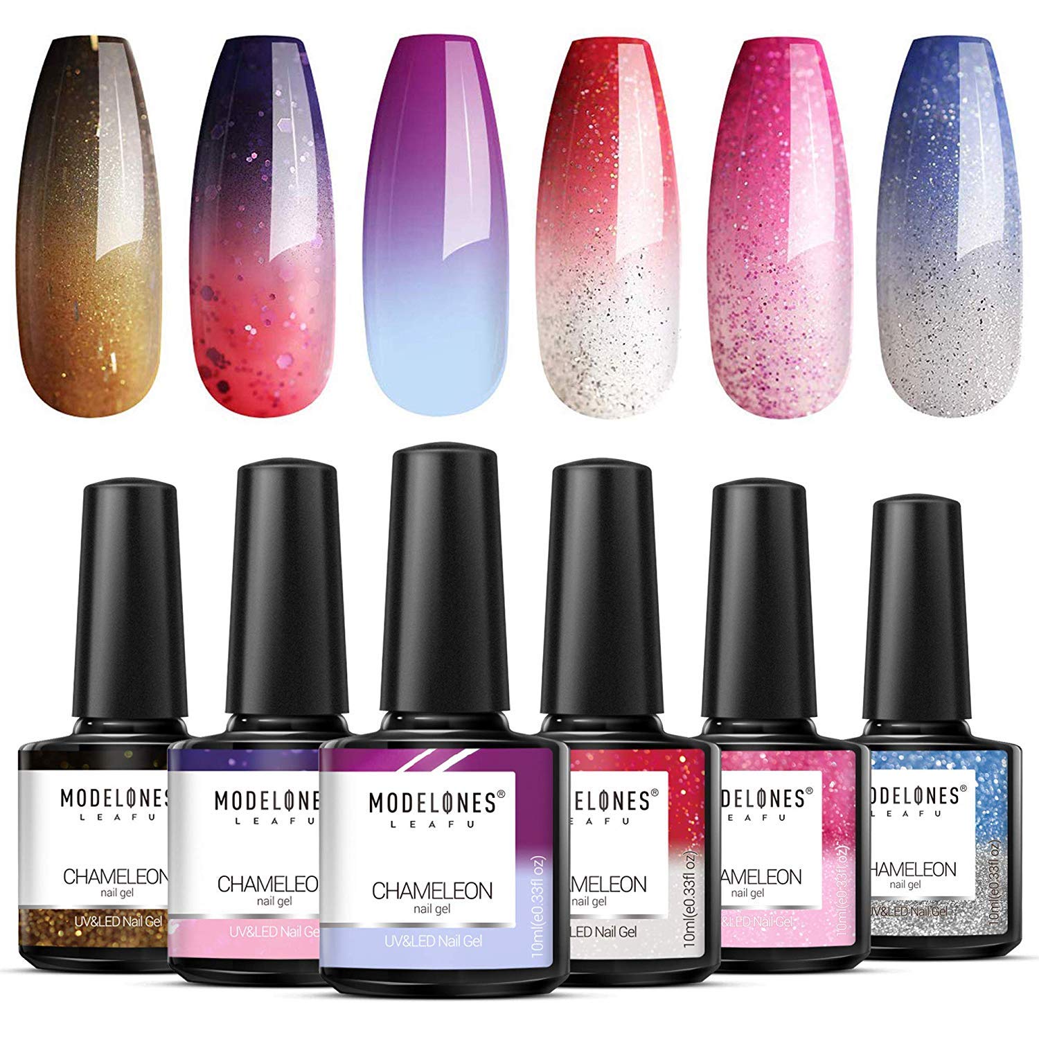 Modelones Mood Gel Nail Polish - Color Changing Gel Nail Polish Set- Red Glitter Gel Polish- Soak Off UV Gel Nail Polish Manicure- 6 Colors 0.33 OZ 10 ML with Gift Box for Nail Art DIY at Home