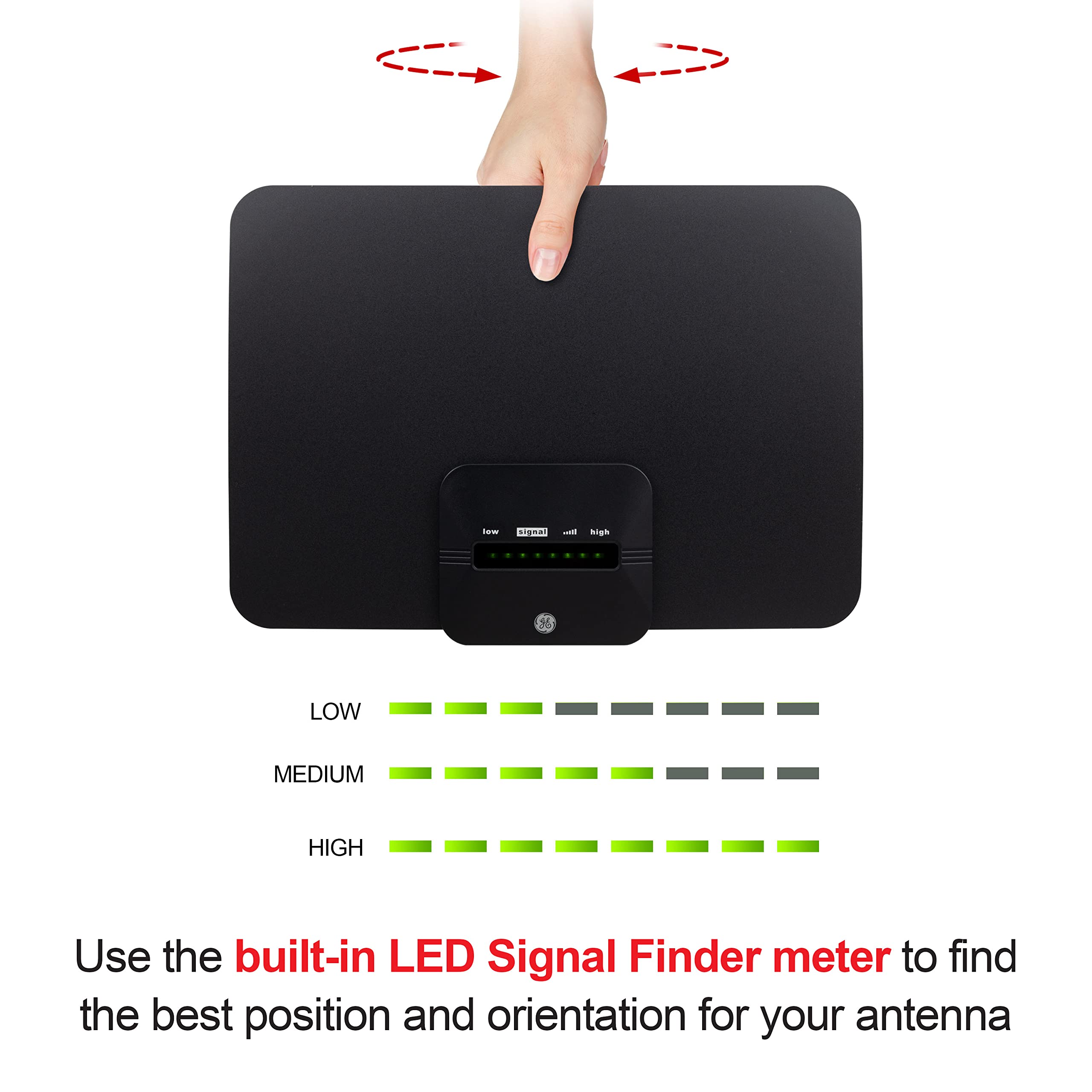 GE Ultra Edge Amplified HD Digital TV Antenna, Long Range Smart TV Antenna, Supports 4K 1080P HD Smart TV VHF UHF, Amplifier Signal Booster with Signal Finder, 10ft Coax HDTV Cable/AC Adapter, 58403