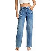 YOCUR Women's Wide Leg Ripped Mid-Rise Jeans Stretchy Straight Leg Baggy Zipper Denim Pants with Pockets