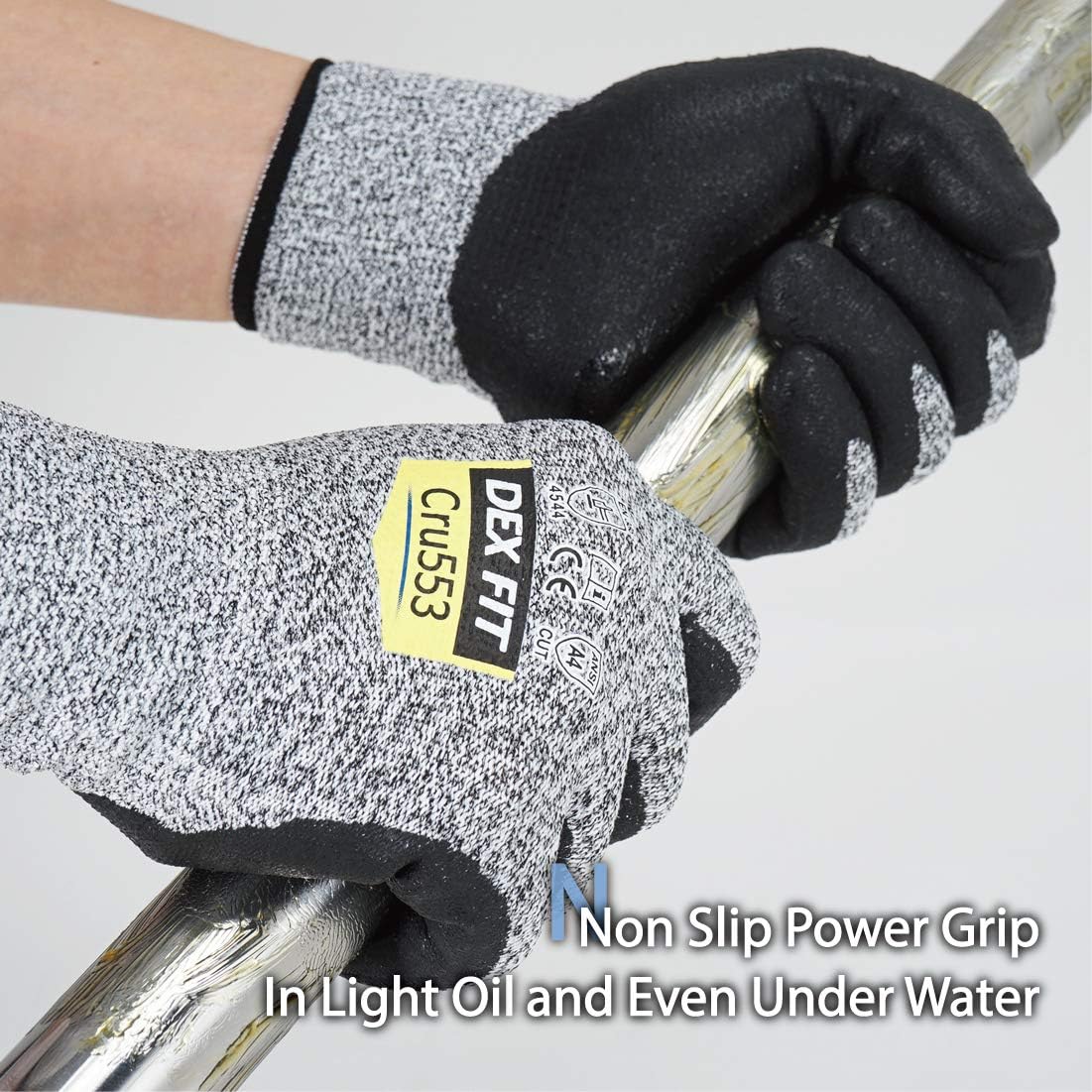 DEX FIT Level 5 Cut Resistant Gloves Cru553, 3D Comfort Stretch Fit, Power Grip Foam Nitrile, Smart Touch, Durable Thin & Lightweight, Machine Washable, Grey Large 1 Pair - - 