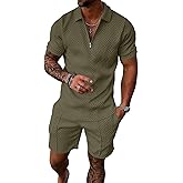 UOUA Mens Summer Track Suits 2 Piece Shorts Sets Short Sleeve Sweatsuit Outfits 1/4 Zip Golf Polo Shirts Loungewear