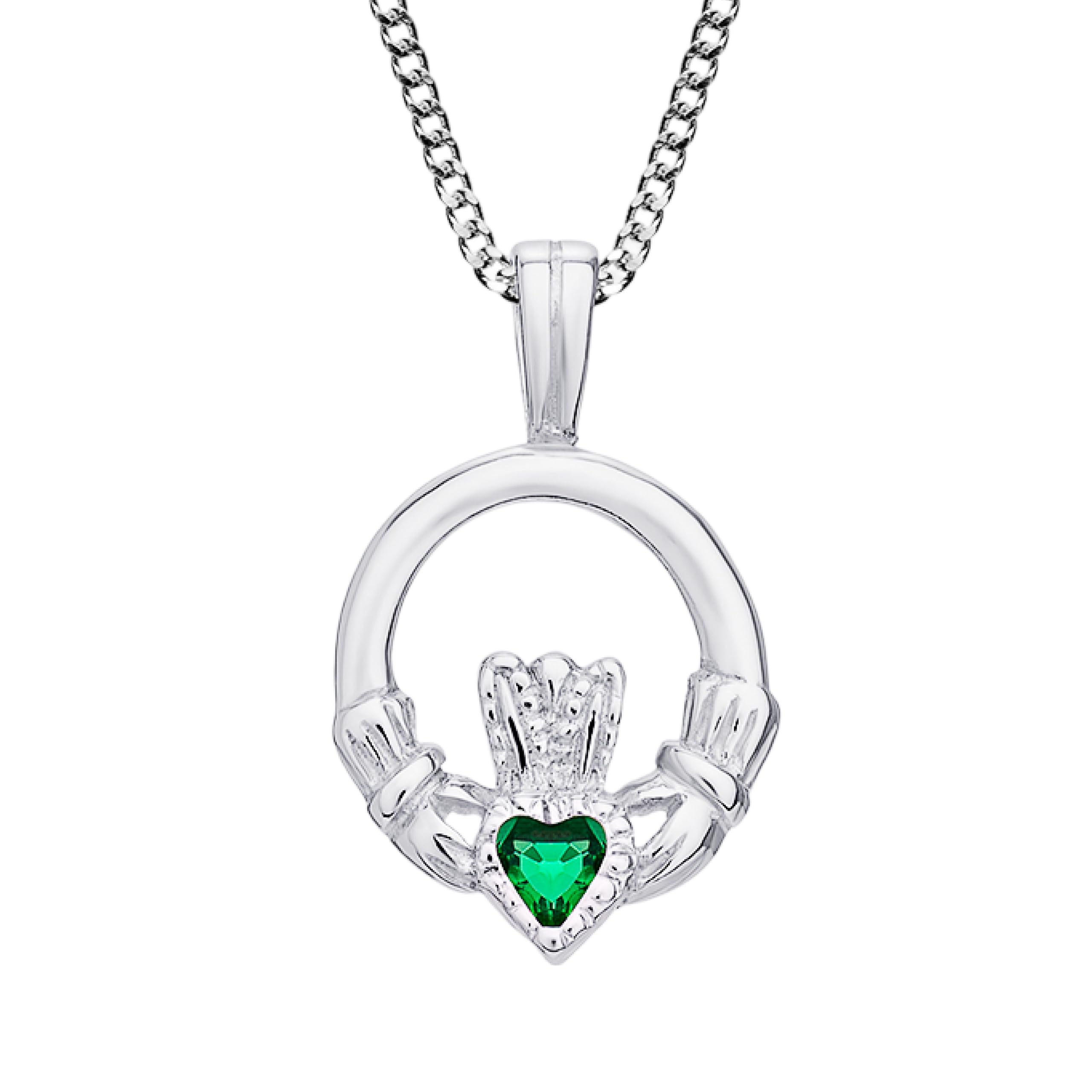 Aeon Silver Claddagh Necklace - 925 Sterling Silver & Emerald Green Coloured Cubic Zirconia Pendant | Adjustable 16-18 Inch Chain