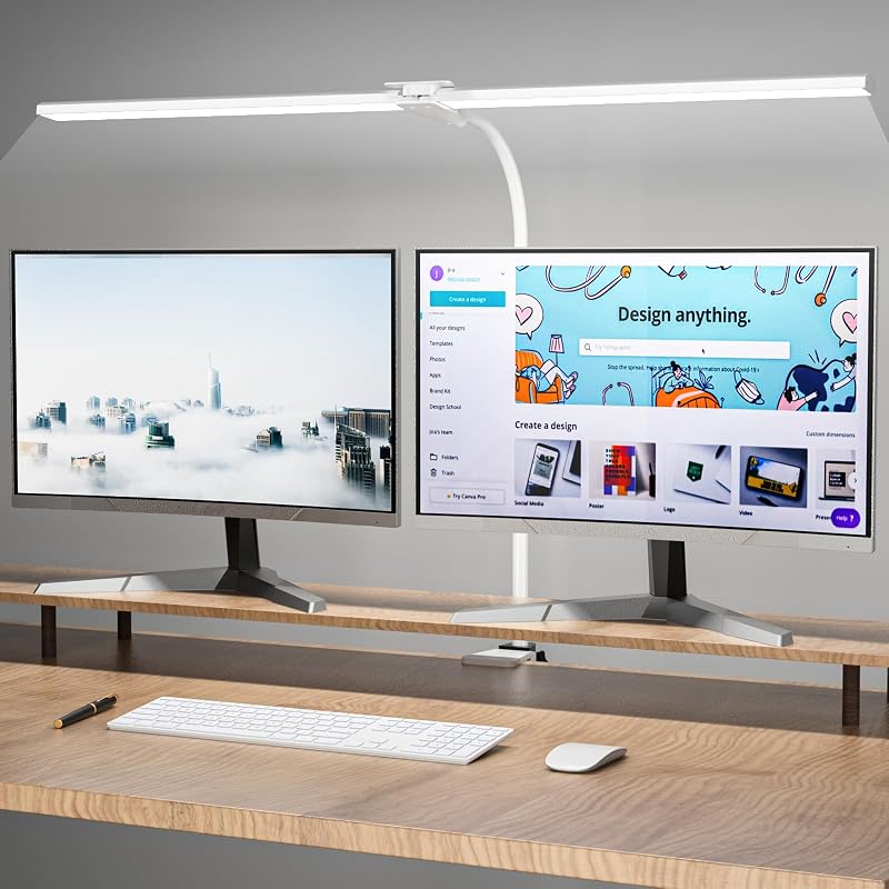 Hensam Desk Lamp 80cm White with Gooseneck Dual Head 360° Clip-On