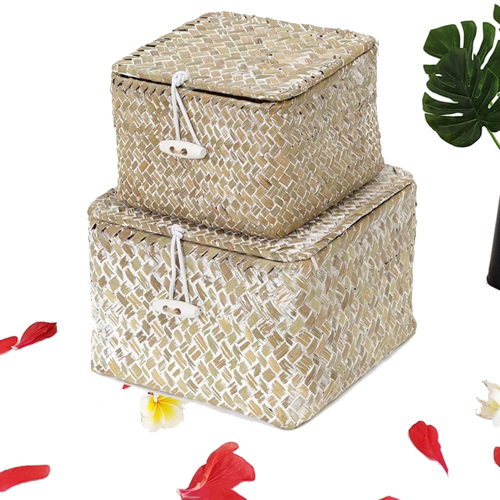 YSGLIFE Seagrass Storage Basket with Lid Set of 2 Natural Woven Square Baskets for Shelves Cosmetics Jewelry Organizer Boxes