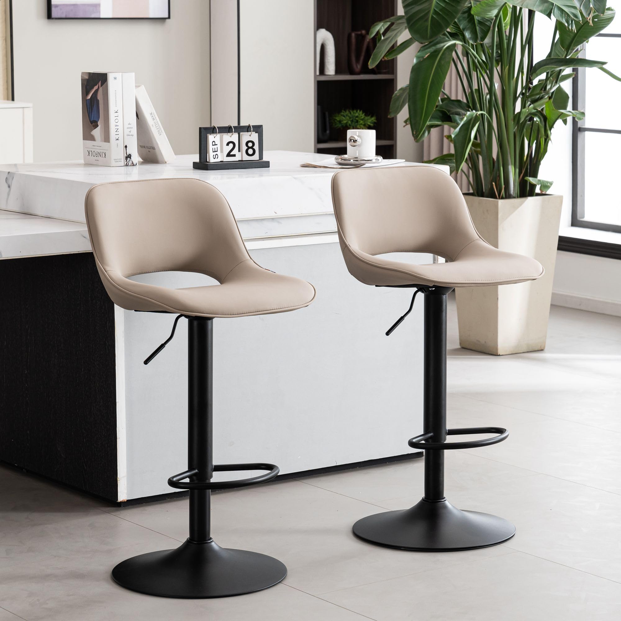 Photo 1 of YOUNIKE Bar Stools Set of 2 Compact Modern Swivel Barstools, Adjustable Counter Height Bar Stools Faux Leather Upholstered Bar Chairs with Back for Kitchen Island, Khaki