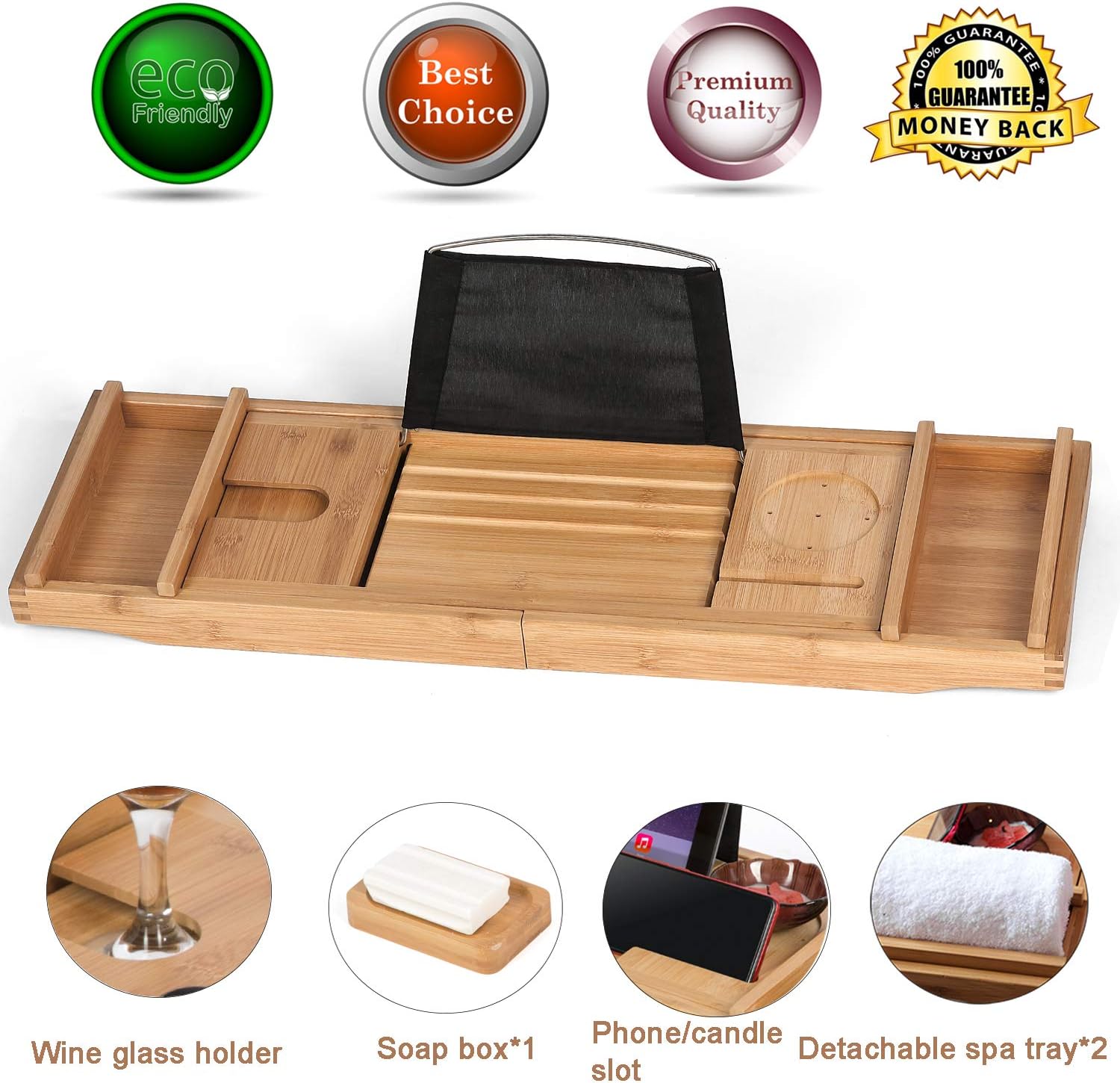 HYNAWIN Bamboo Bathtub Tray Rack for Tub Adjustable Bathroom Bathtub Caddy with Expandable Sides Organizer for Tub-Holder for Wine Glass,Reading Rack, Tablet Holder, Cellphone: Home & Kitchen
