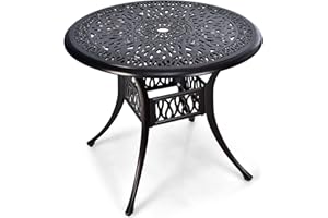 Tangkula 36 Inch Outdoor Dining Table, Round Cast Aluminum Patio Dining Table with Umbrella Hole, Weather-Resistant Patio Bistro Table for Backyard, Garden, Poolside