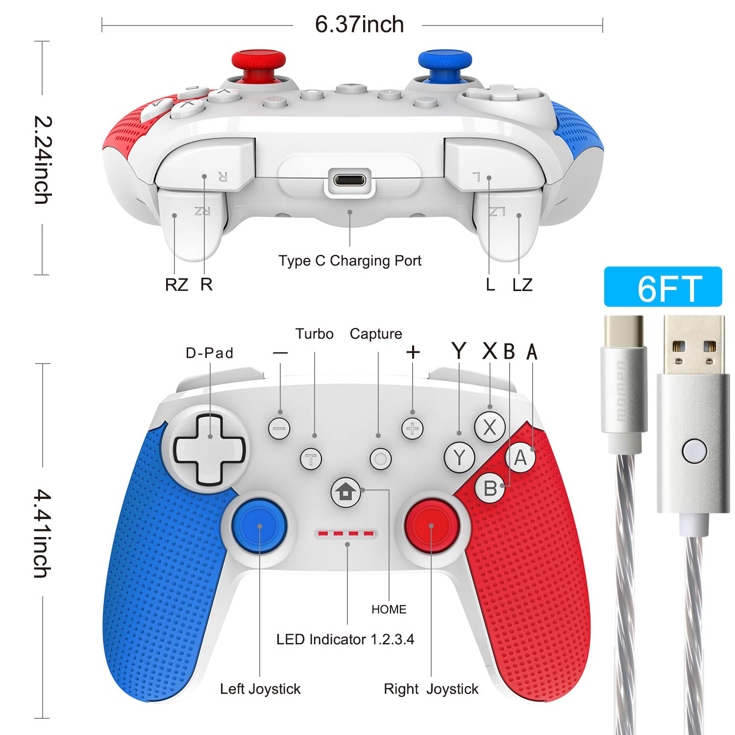 Switch Pro Controller,Wireless Switch Controller for Nintendo Switch, with LED Type C Charging Cable(Blue+Red)